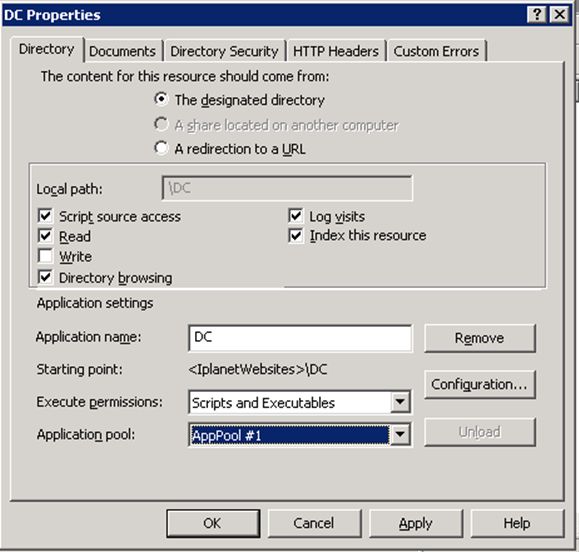 Application Pool dropdown